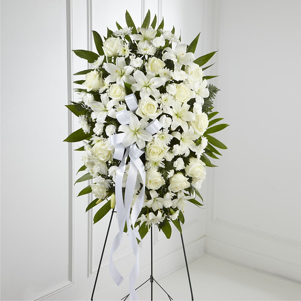 Exquisite Tribute Standing Spray-White Ribbon – Imperial Flower Shop Ltd, Brampton ON