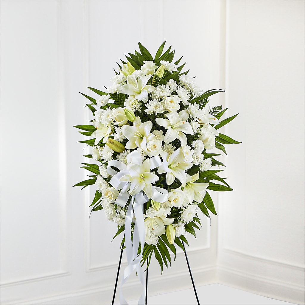 Exquisite Tribute Standing Spray-White Ribbon – Imperial Flower Shop Ltd, Brampton ON